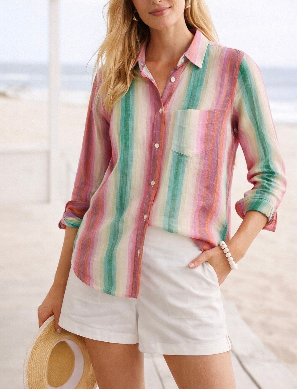 J.Crew Classic Fit Boy Linen Shirt Rainbow Stripe Button Down Size 6 Resort